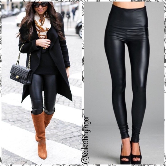 BLACK high waisted faux leather leggings - Picture 2 of 8